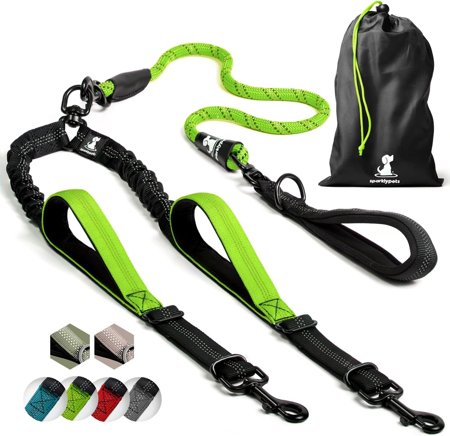 sparklypets-double-dog-leash-for-2-dogs-rope-bungee-dual-leash-for-medium-and-large-breeds-with-padded-handles-tangle-free-teal-medium-large