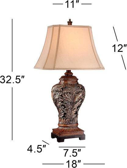 Leafwork 32 1/2" Table Lamp Large Bronze Brown Vase Cottage | Rectangular Shade Traditional Wood Living Room Bedroom Bedside Nightstand House Office Home Family Tan End4