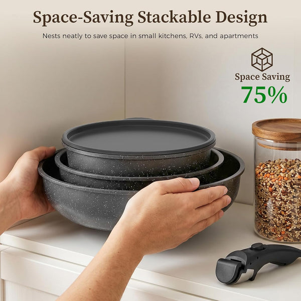 9Pcs Granite Nonstick Pots and Pans Set, Stackable, Oven Safe | Non-Toxic Cookware Set with Detachable Handle for Rvs, Camping, Pfos/Pfoa-Free Induction Compatible6