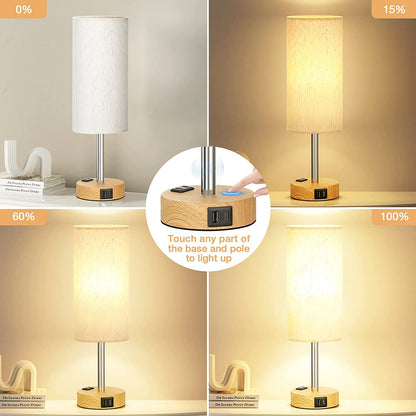 Bedside Table Lamp for Bedroom - Dimmable Touch, USB A+C, AC Outlet | 3-Way Dimmable, LED Bulb Included, Fabric Lampshade, Wood-Grain Metal Base, 14" Small Nightstand Lamp for Desk, Living Room2