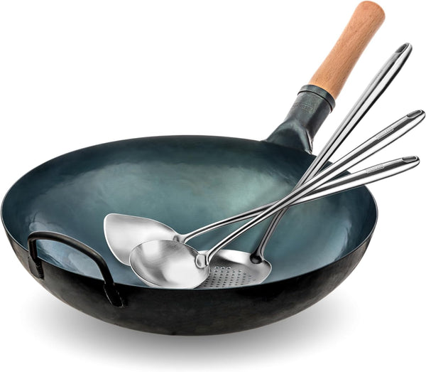 Blue round Bottom Wok Pan – 14" Woks and Stir Fry Pans plus 17" Wok Spatula and Ladle Skimmer Spoon - Stainless Steel Cooking Utensils Set of 31
