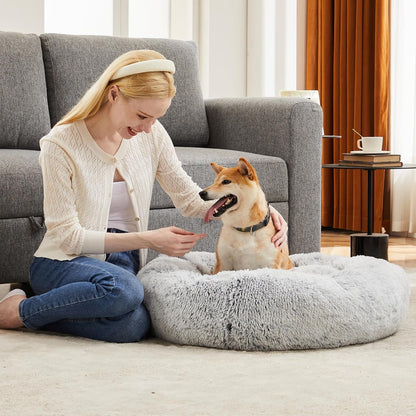 DUMOS 30.7 Inch Donut Dog Bed, Faux Fur Plush, Grey | Machine Washable Cuddler Warming Cozy Fluffy Faux Fur Plush round Pet Bed, Anti-Slip Bed for Indoor Dogs and Cats9