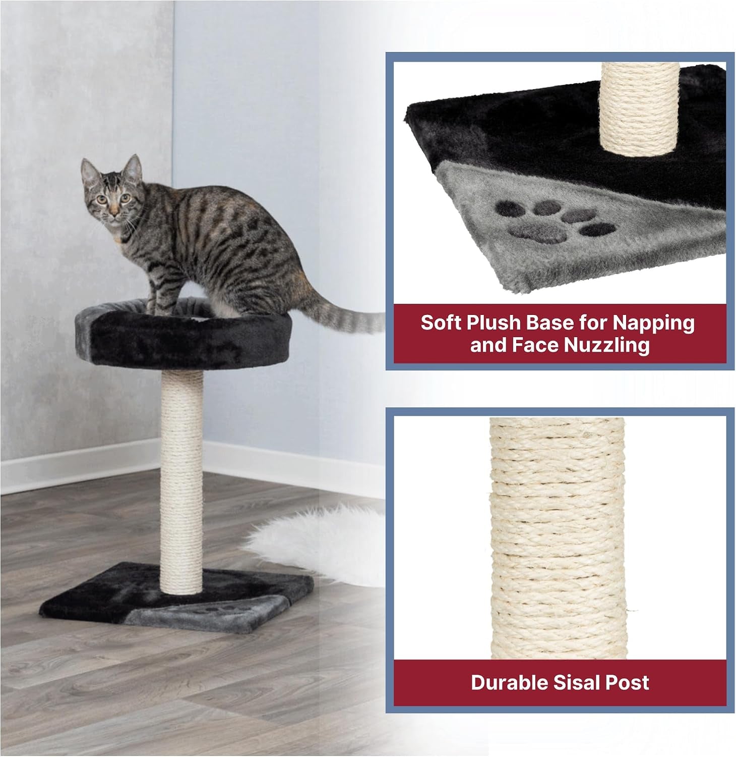 trixie-tarifa-cat-scratching-post-20-5-inch-cat-scratcher-with-soft-fabric-covering-base-and-durable-sisal-rope-with-padded-platform-in-gray-black