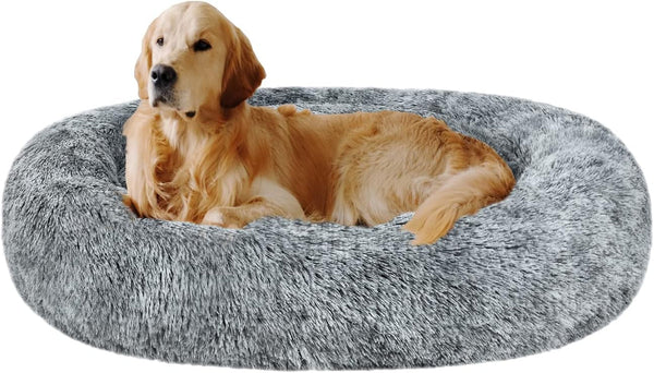 Coohom Oval Calming Donut Cuddler Dog Bed,Shag Faux Fur Cat Bed Washable round Pillow Pet Bed(30"/36"/43") for Medium Dogs (Xl(36"X27"X7"),Light Brown)12