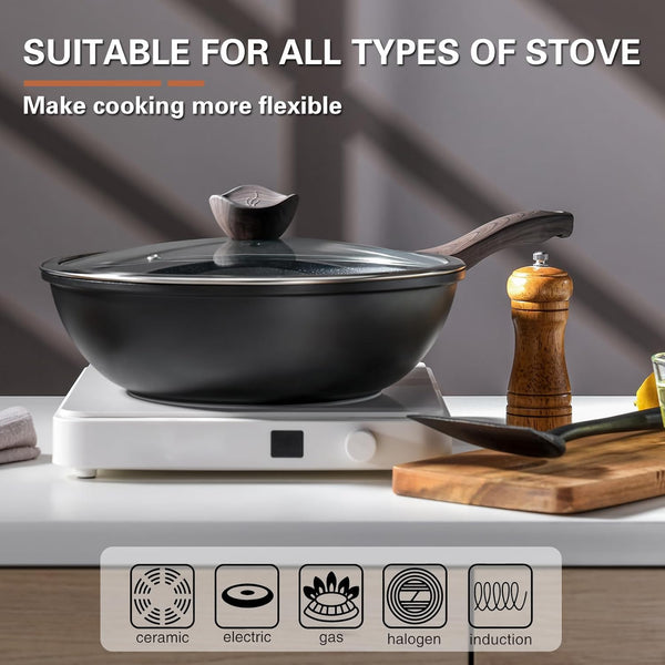 Nonstick Wok with Lid, 12 Inch Woks & Stir-Fry Pans, Granite Stone Coating for Cooking, Induction Cookware, Compatible with All Stovetops, PFOA Free2