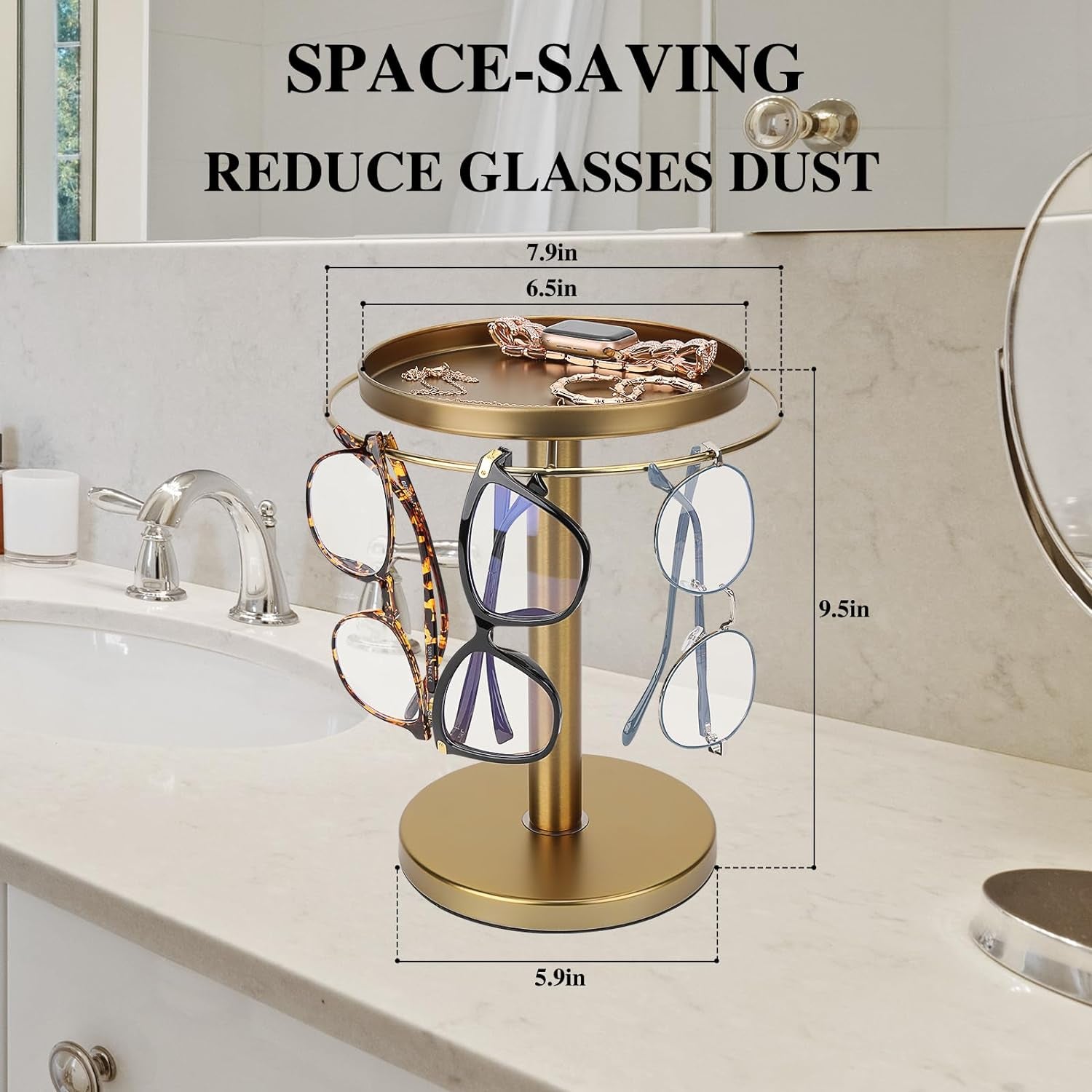 360-rotating-sunglass-organizer-storage-stainless-steel-glasses-holder-stand-glasses-organizer-with-tray-for-desk-dresser-tabletop-nightstand-and-home-decor-gold-stainless-steel-stand-with-360-rotation-holds-9-to-12-pairs-top-tray-stores-rings-and-keys-for-desk-dresser-nightstand