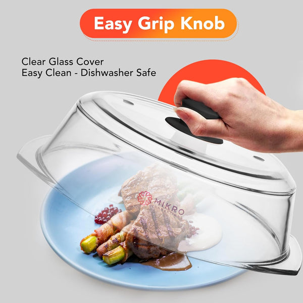 Tall Glass Microwave Splatter Cover | Sturdy Clear 100% Food Safe BPA Free Glass Lid with Easy Grip Silicone Handle | Heavy-Duty Glass for Longer Life, Dishwasher Safe for Easy Cleaning - 10.5In6