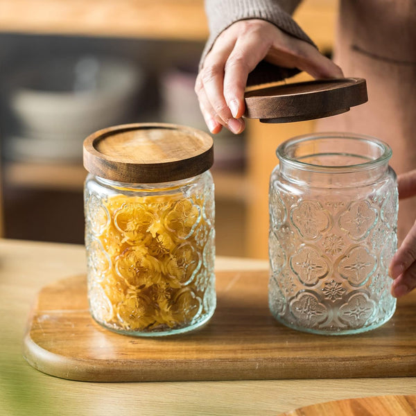 Vintage Glass Kitchen Storage Counter Jar, Kitchen and Pantry Glass Storage, with Airtight Wood Lid for Cookies, Candy, Coffee Tea Beans, Grains,Food Storage Containers (Plum-Pattern*2)4