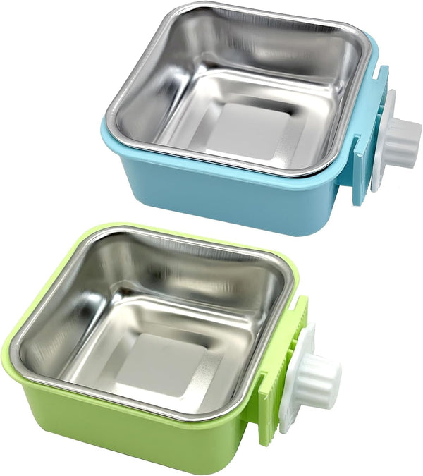 Kathson Crate Dog Bowl, Removable Stainless Steel Hanging Pet Kennel Cage Bowl Food & Water Feeder Coop Cup for Puppy, Cat, Rabbit, Guinea Pigs Ferret Bird (2 PCS, Size: M, Blue and Green)12