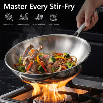4.2 QT Tri-Ply Stainless Steel Wok Pan with Lid, 12" Flat Bottom Stir Fry Skillet for Asian Cuisine, Premium 18/10 Induction Cookware for 3-4 Servings, Oven Safe2