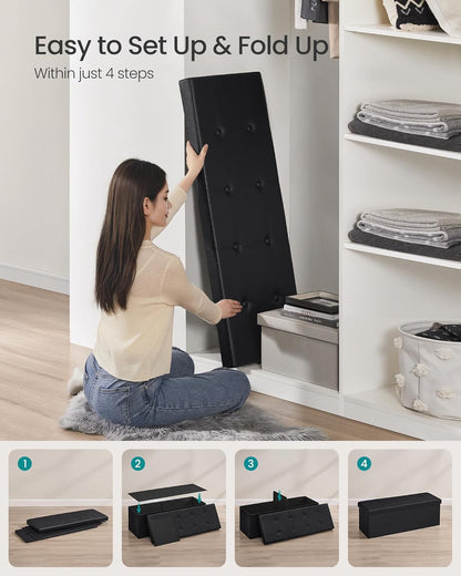 SONGMICS MAZIE Collection - 43 Inches Folding Storage Ottoman Bench, Ottoman with Storage, Foot Rest Stool, Load 660 Lb, for Living Room, Synthetic Leather, Black ULSF7017