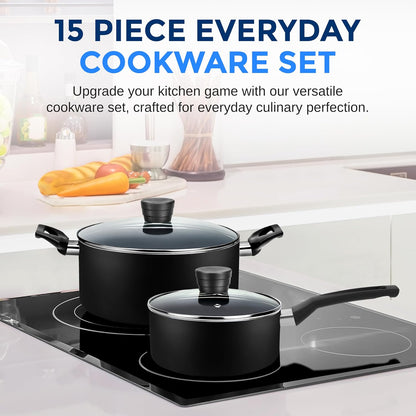 Kitchenware Pots & Pans Basic Kitchen Cookware, Black Non-Stick Coating Inside, Heat Resistant Lacquer (15-Piece Set), One Size2