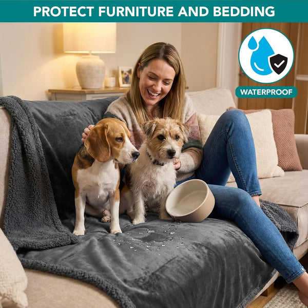 Petami Waterproof Dog Blanket for Couch, Extra Large 80X60, Pee Proof Sherpa Fleece Reversible Pet Throw, Furniture Protector for Bed Sofa Crate Kennel, Soft Washable Cover for Dog Cat, Grey Sherpa2