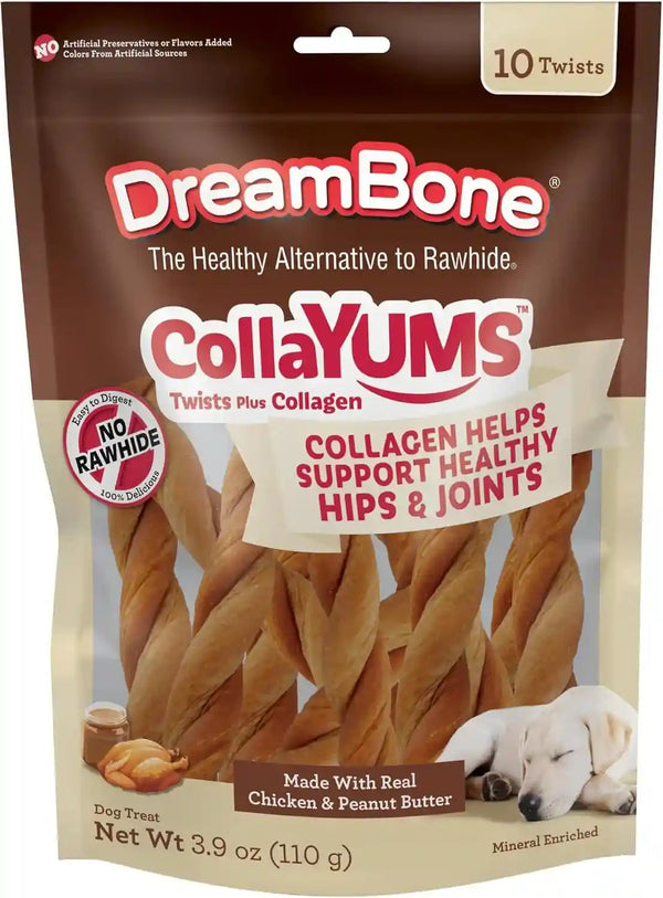 Dreambone Collayums Twists plus Collagen Chews for Dogs, 10 Count, Treat Your Dog to Rawhide-Free Chews Made with Chicken, Vegetables and Peanut Butter1