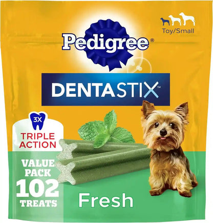 Pedigree Dentastix Small & Toy Breed Dog Dental Treats, Fresh, 102 Count | Triple Action Dental Care, Reduces Tartar, Cleans Teeth, Freshens Breath, for Dogs 7-22 Lbs, No Added Sugar/Fillers1