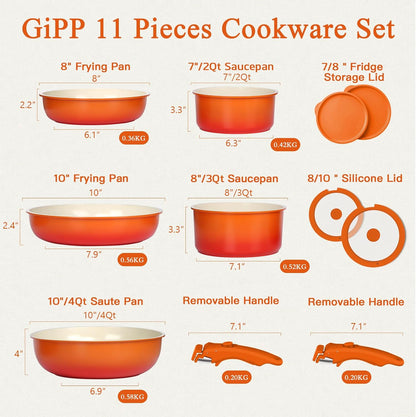 11Pcs Pots and Pans Set Non Stick, Nonstick Cookware Set Detachable Handle, Ceramic Pots for Cooking Non Stick with Removable Handle, RV Cookware Set for All Stoves, Orange Gradient2