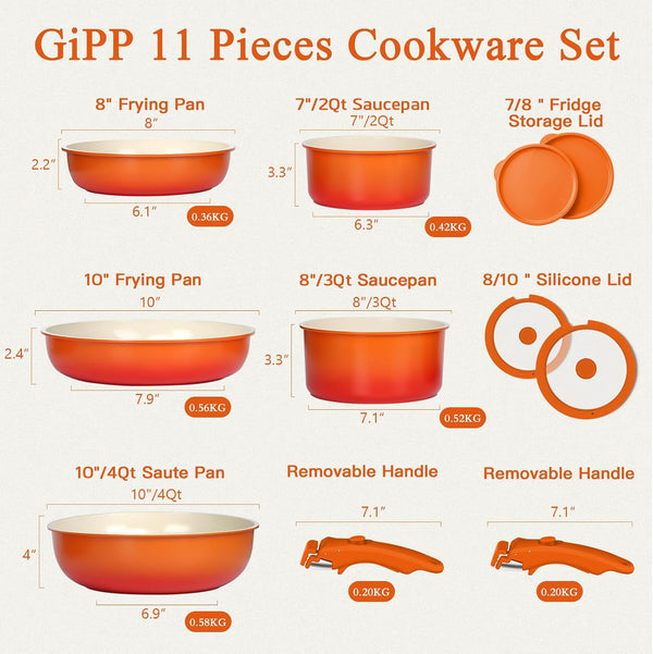 11Pcs Pots and Pans Set Non Stick, Nonstick Cookware Set Detachable Handle, Ceramic Pots for Cooking Non Stick with Removable Handle, RV Cookware Set for All Stoves, Orange Gradient2