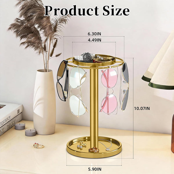 360° Rotating Sunglasses Organizer, Glasses Holder with Organizer Tray | Stainless Steel Eyeglasses Holder with Storage Base for Dresser, Desk Table, Nightstand & Home Decor, Gold6