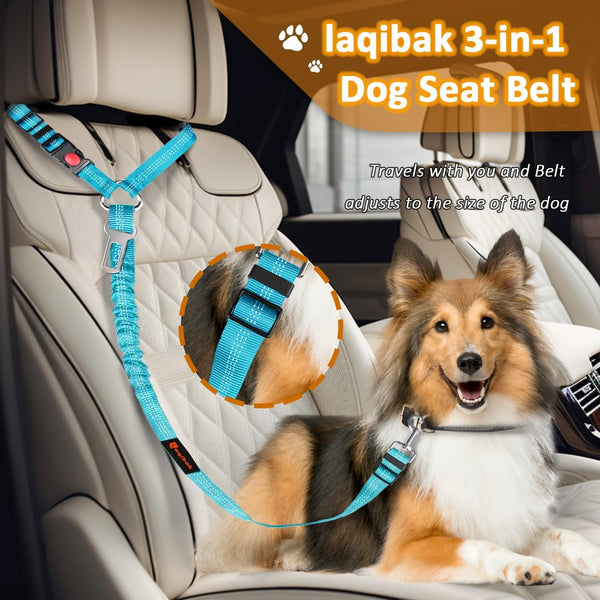Removable Dog Seat Belt Harness for Car, 3 in 1 Pet Dog Car Seatbelt Leash, Retractable Restraint Secures to Vehicle Headrest & Adjustable Reflective Bungee Dog Seatbelt Tether, Blue and Black | Retractable Headrest-Mounted,Restraint & Adjustable Reflective Bungee Dog Seatbelt Tether,Blue and Black3