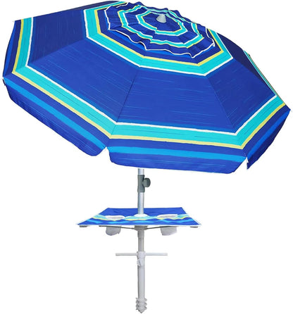 7Ft Heavy Duty High Wind Beach Umbrella with Sand Anchor, Built-In Table Tray Vent Tilt Pole, UPF 50+ Windproof Portable Outdoor Umbrellas Carry Bag for Patio Garden Pool Backyard Stripe1