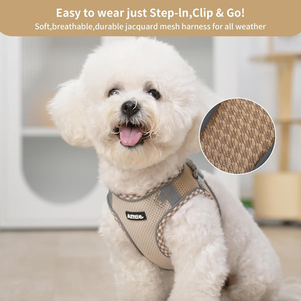 AIITLE Tiny Dog Harness - Lightweight Mesh Step-In Vest for Puppy, Reflective & Escape-Proof Design with High-Stick Magic Tape - Indoor/Outdoor Use for Chihuahua, Maltese, Shih Tzu(Brown-Beige, XXXS)2