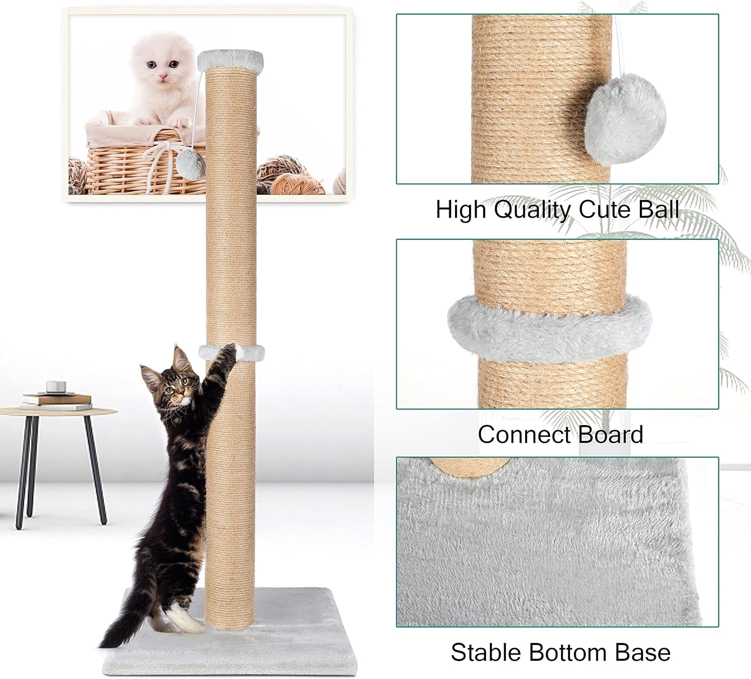 fluffydream-37-cat-scratching-post-natural-sisal-rope-scratcher-with-dangling-teaser-ball-and-covered-with-soft-plush-for-kittens-and-adult-cats-sand-color
