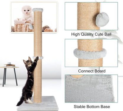 Fluffydream 37'' Cat Scratching Post, Natural Sisal Rope Scratcher with Dangling Teaser Ball and Covered with Soft Plush for Kittens and Adult Cats, Sand Color2