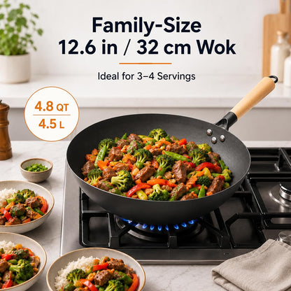 12.6" Carbon Steel Wok Pan, Flat Bottom Stir Fry Wok with Spiral Thread Interior, Coating‑Free Naturally Seasoning Wok, Compatible with Gas, Electric & Induction Cooktops2