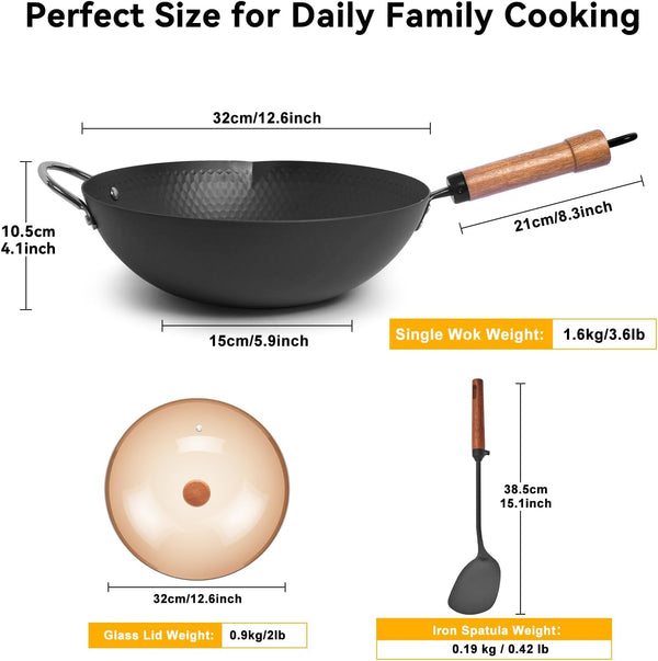 Carbon Steel Wok with Lid, 12.6" Hammered Stir Fry Pan with Helper Handle & Iron Spatula, Thickened Heavy Duty Flat Bottom Wok for Induction, Electric & Gas Stoves, Metal Utensil Safe4