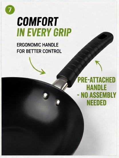12.5" Carbon Steel Wok – Non-Stick, Pfas-Free Coating, Non-Toxic, Induction-Safe Flat Bottom Stir Fry Pan with Ergonomic Handle7