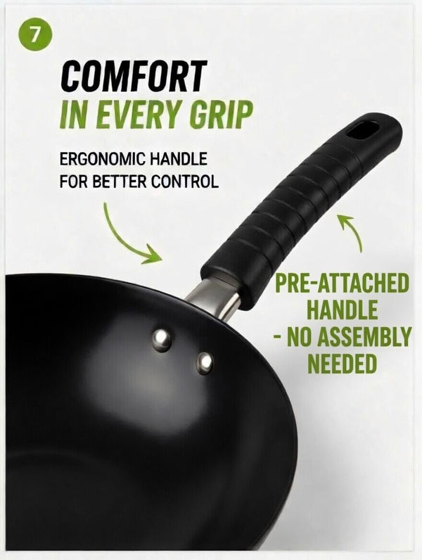 12.5" Carbon Steel Wok – Non-Stick, Pfas-Free Coating, Non-Toxic, Induction-Safe Flat Bottom Stir Fry Pan with Ergonomic Handle7