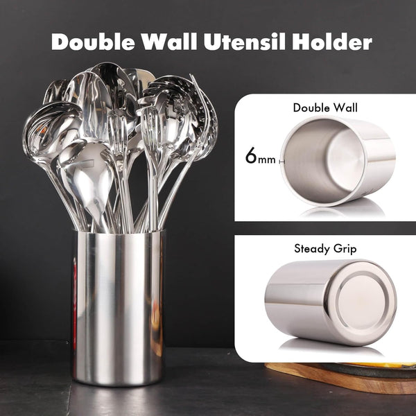 18/10 Stainless Steel Kitchen Utensils Set with Holder for Countertop | 15″ Spatula Spoon Set with Storage Organizer, 12-Pieces, Fork, Tongs, Spatula, Ladle, Skimmer, Turner, Spaghetti, Large Spoon5