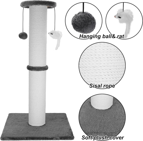 34-Inch Tall Cat Scratching Post for Large Cats, Stable Base, Gray | Heavy-Duty Cat Scratcher, Extra-Tall Thick Post, Soft Natural Cotton Rope, Hanging Interactive Cat Toys, Indoor Cat Furniture5