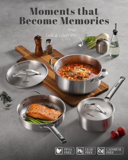 Stainless Steel Cookware Set, 8 Pcs Tir-Ply Pots and Pans Set, PFOA&PTFE Free, Dishwasher&Oven Safe, Kitchen Induction Compatible, Ollas De Acero Inoxidable Para Cocinar4