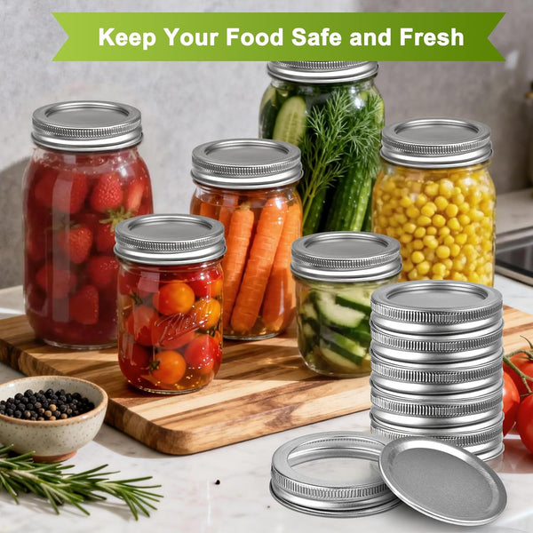 12Pack/24Pack REGULAR Mouth Mason Jar Lids for Ball, Kerr and More - Lids with Bands/Rings for Mason/Canning Jars - Leak-Proof, Safe & Food Grade, Set of 124