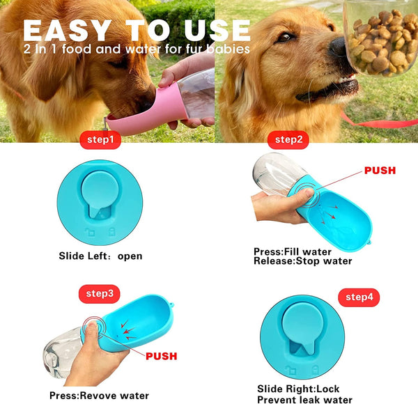 Dog Water Bottle with Food Container, Portable Leak Proof Pet Water Dispenser for Walking Hiking Travel, Puppy Essentials Accessories for Small Large Dogs, Dog Gifts (10Oz/15Oz/19Oz)4