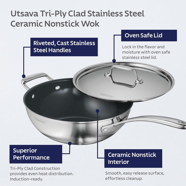 Utsava Tri-Ply Clad Stainless Steel 3.75-Quart Wok with Lid | Ceramic Non Stick Interior, Induction-Ready Cooking Pan3