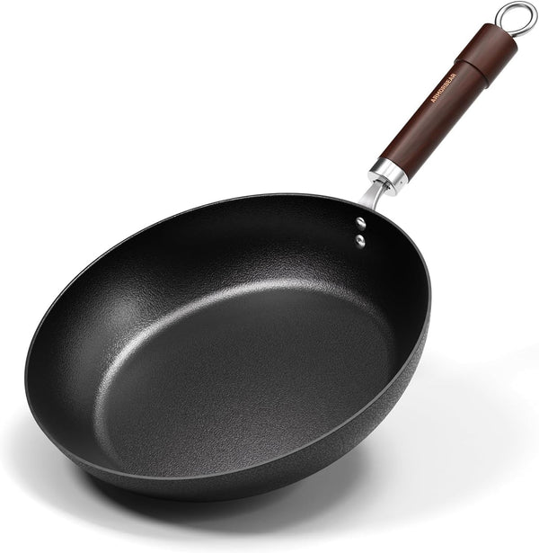 Carbon Steel Frying Pan, Pre-Seasoned 11-Inch Cooking Skillet Wooden Handle, PFAS & Pfoa-Free, Nitrided Black Fry Pan for Kitchen, Camping, Chef Use1