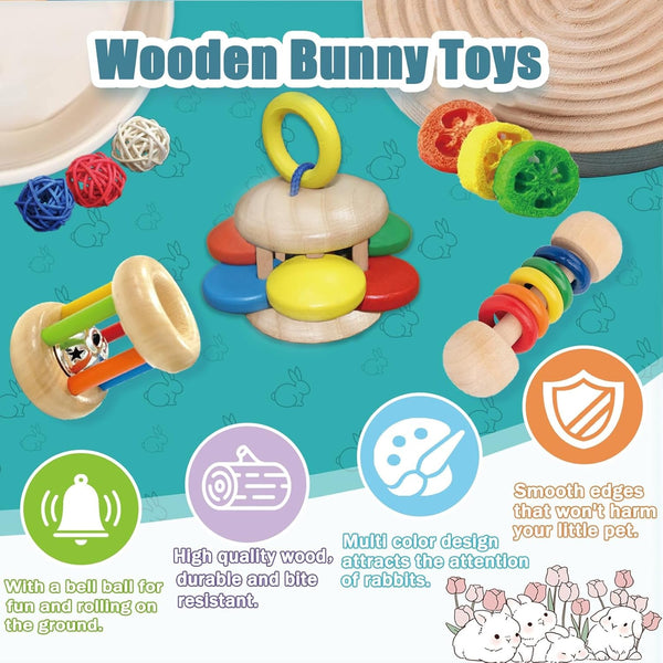 QWR 9PCS Wooden Bunny Toys,Safe Rabbit & Guinea Pigs Teeth Grinding Toy for Chinchillas, Hamsters & Small Animals - Indoor & Outdoor3