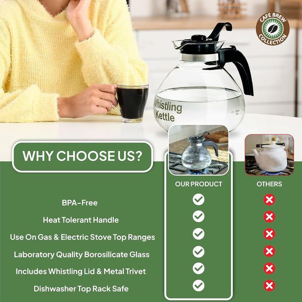 Café Brew Glass Tea Kettle, 12 Cup | German Borosilicate Glass. Gas & Electric Stovetop Safe. Heat Resistant. Whistles at Boil. 12-Cup Capacity.6