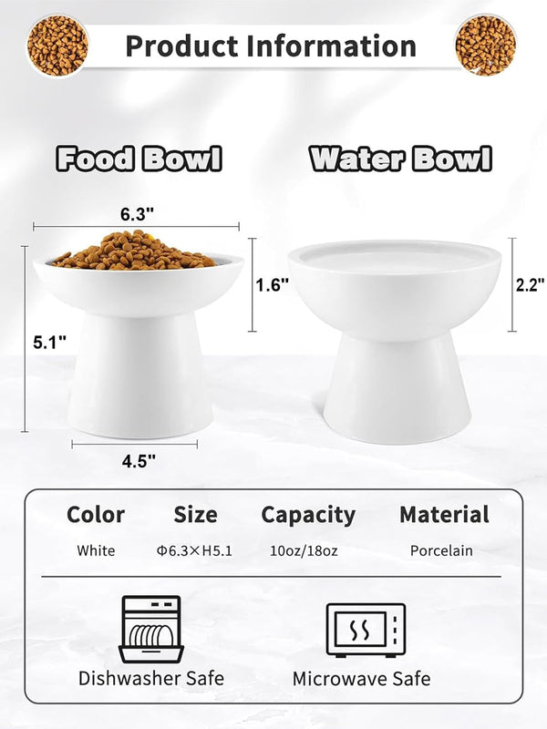 Loejan Elevated Cat Food and Water Bowls Set, Extra Wide and Raised Ceramic Bowls, Anti-Vomit Whisker-Free Pressure Cat Feeder for Kittens to Adult Cats and Small Dogs (White, Water Bowl)2