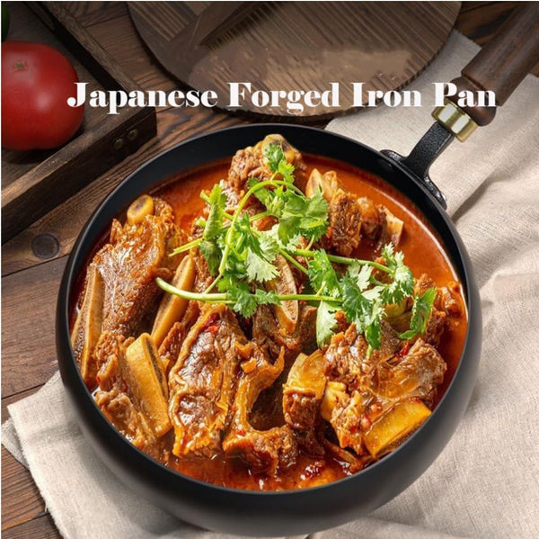 Suntuup Japanese Iron Pan, Non-Stick Iron Pan，Hand-Forged Flat Bottom Small Wok, Rust-Free for Cooker Gas Stir Fry Pans round Bottom with Lid (9.4In Hammer Pattern+Glass Lid)6
