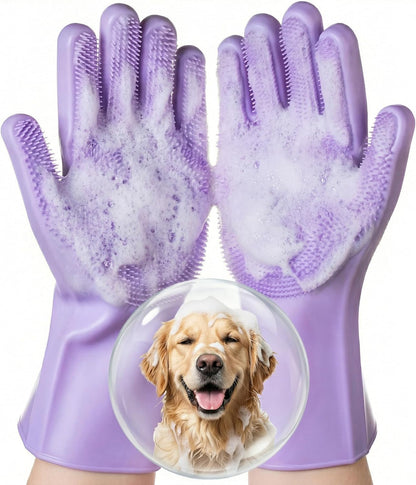 Silicone Pet Grooming Gloves Dog Washing Gloves for Bathing, 1 Pair Purple | 3000 Soft Silicone Bristles, 5-Finger Flexible, Gently Massages & Removes Fur, Non-Slip, Easy Clean, for Dogs/Cats/Horses1
