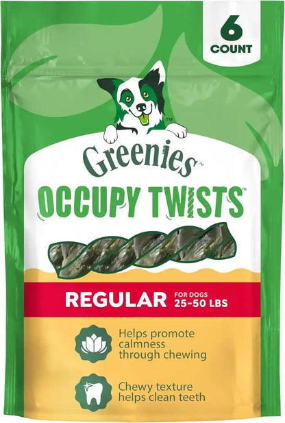 Greenies Occupy Twists Regular Breed Dog Treats, Chicken Flavor, 6 Count | Regular Breed Size (25-50 Lbs), Rawhide-Free, Promotes Calmness, Cleans Teeth, No Artificial Flavors, 8.65 Oz. Pack1