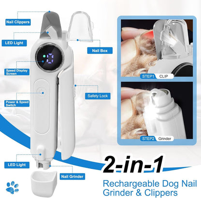 2-In-1 Dog Nail Clippers & Grinder with LED Light, Quiet Electric Pet Nail Trimmer for Small Medium Large Dogs & Cats, 3 Speeds, USB Rechargeable, Quick Sensor, Safety Lock & Splash Guard (White)9