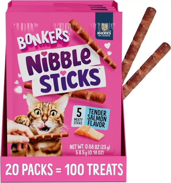 Bonkers Nibble Sticks Soft & Meaty Tender Salmon Flavor Cat Treats, 5 Sticks (Pack of 20)9