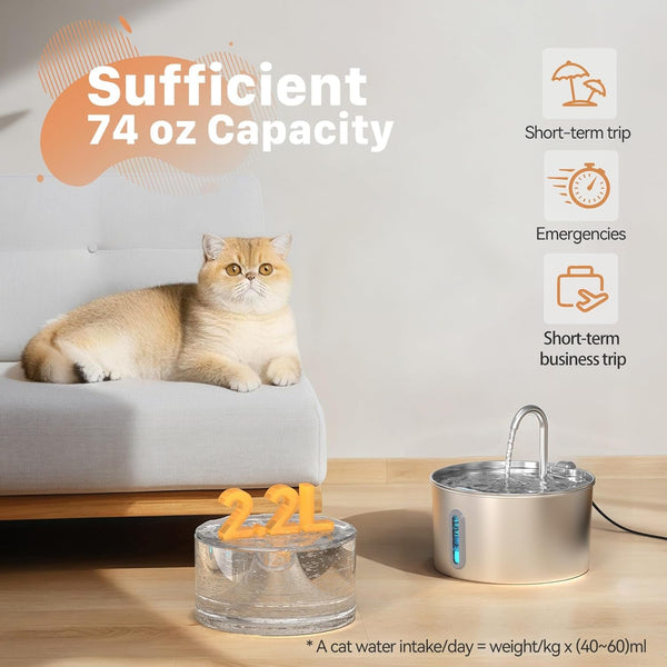 Cat Water Fountain Stainless Steel: 2.2 L Cat Fountain for Drinking - Automatic Pet Water Fountain for Cats inside - Metal Cat Dog Water Dispenser Bowl with Faucet Water Level Window Ultra Quiet Pump | Automatic Metal Pet Water Fountain for Cats Inside, Cat Dog Water Dispenser with Faucet Water Level Window, Ultra Quiet Pump2