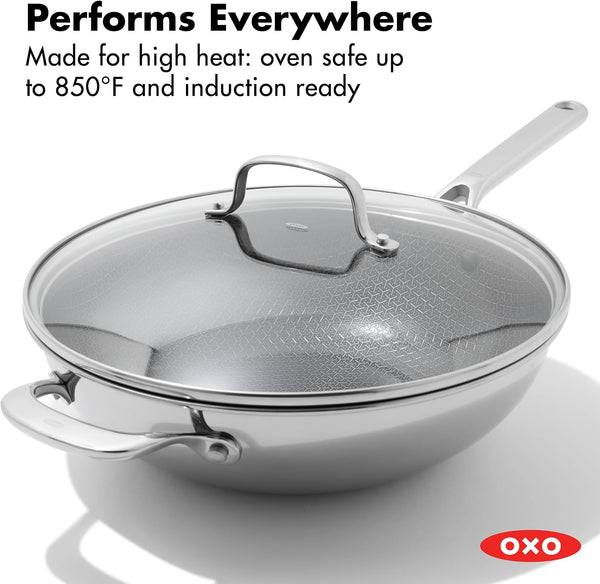OXO Hybrid 12” Nonstick Wok with Glass Lid, Pfas-Free Ceramic Stir-Fry Pan, Induction & All Cooktop Compatible, Dishwasher Safe, Fusion Boost Tech for Powerful Searing, Mirror Polished Tri-Ply7