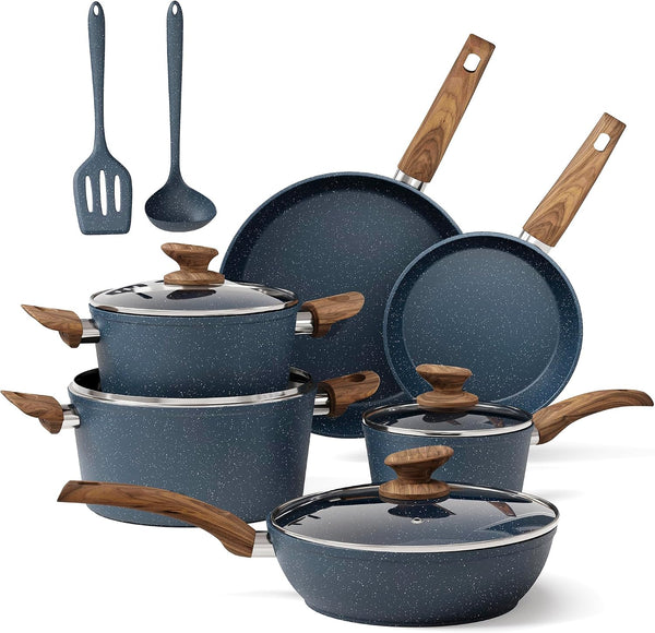 Pots and Pans Set, 12 Piece Blue Kitchen Cookware Sets Nonstick | Induction Compatible, Granite Pans Set for Cooking, 100% PFOA & PFAS Free Non-Toxic, Easy to Clean, Even Heating1
