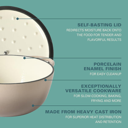 Addlestone 2.65 Qt Enameled Cast Iron Dutch Oven Pot with Lid – Round, Oven Safe to 500°F, Ideal for Bread Baking & Stews - Gradient Taupe3